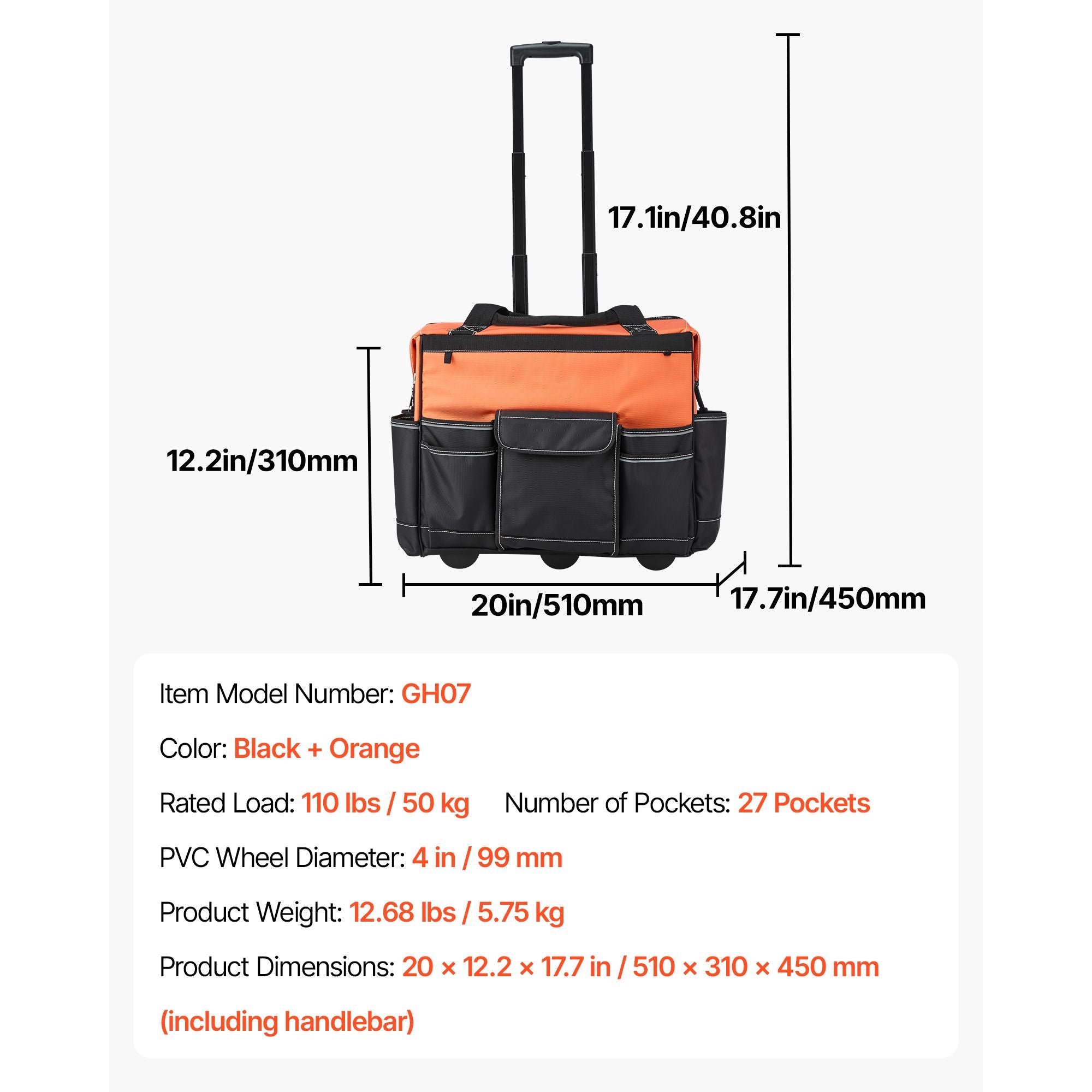 Rolling Tool Bag with Capacity, 27 Pockets, everyday and Stable