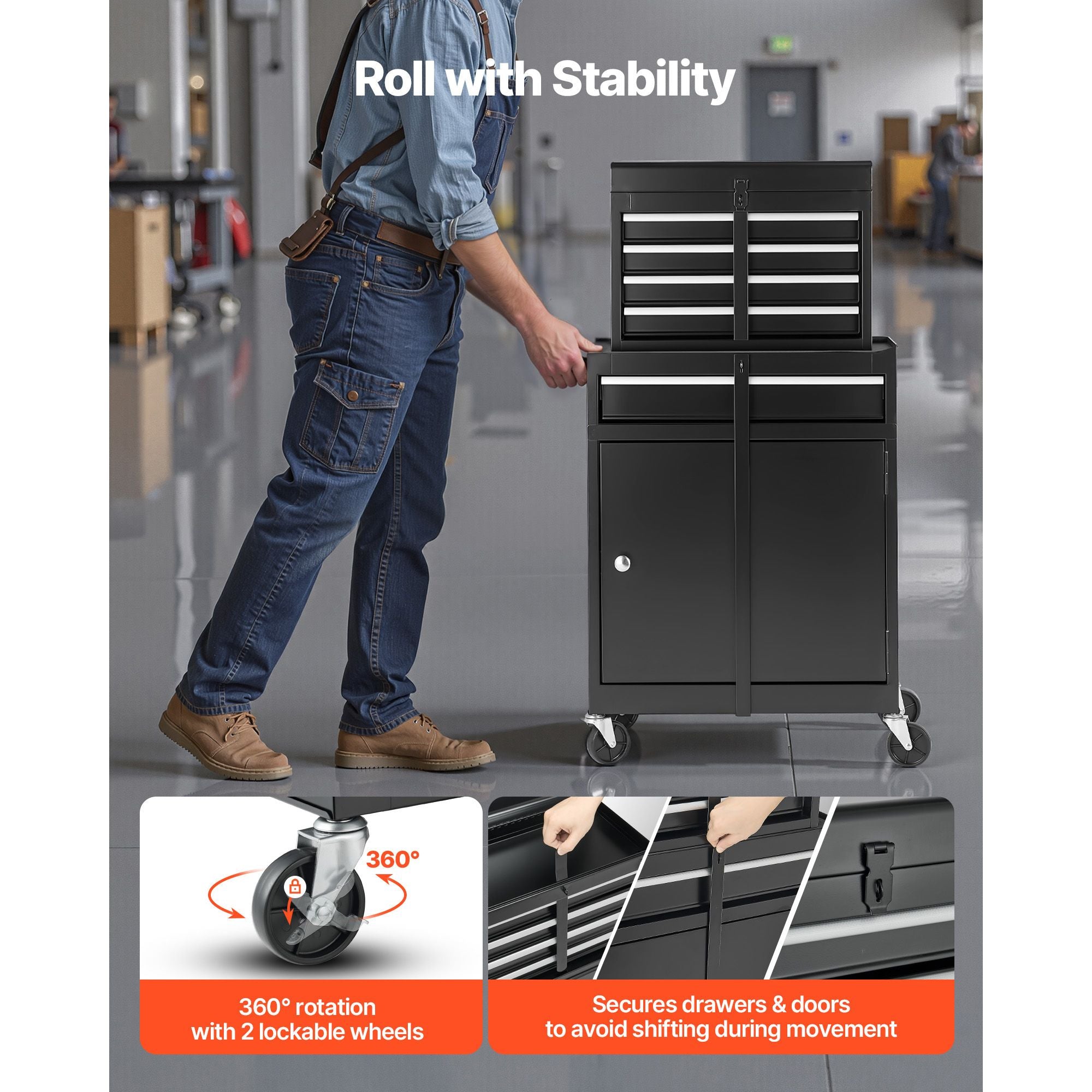 Rolling Tool Chest, 2-in-1 Detachable Design with Lock Bar and EVA Protection