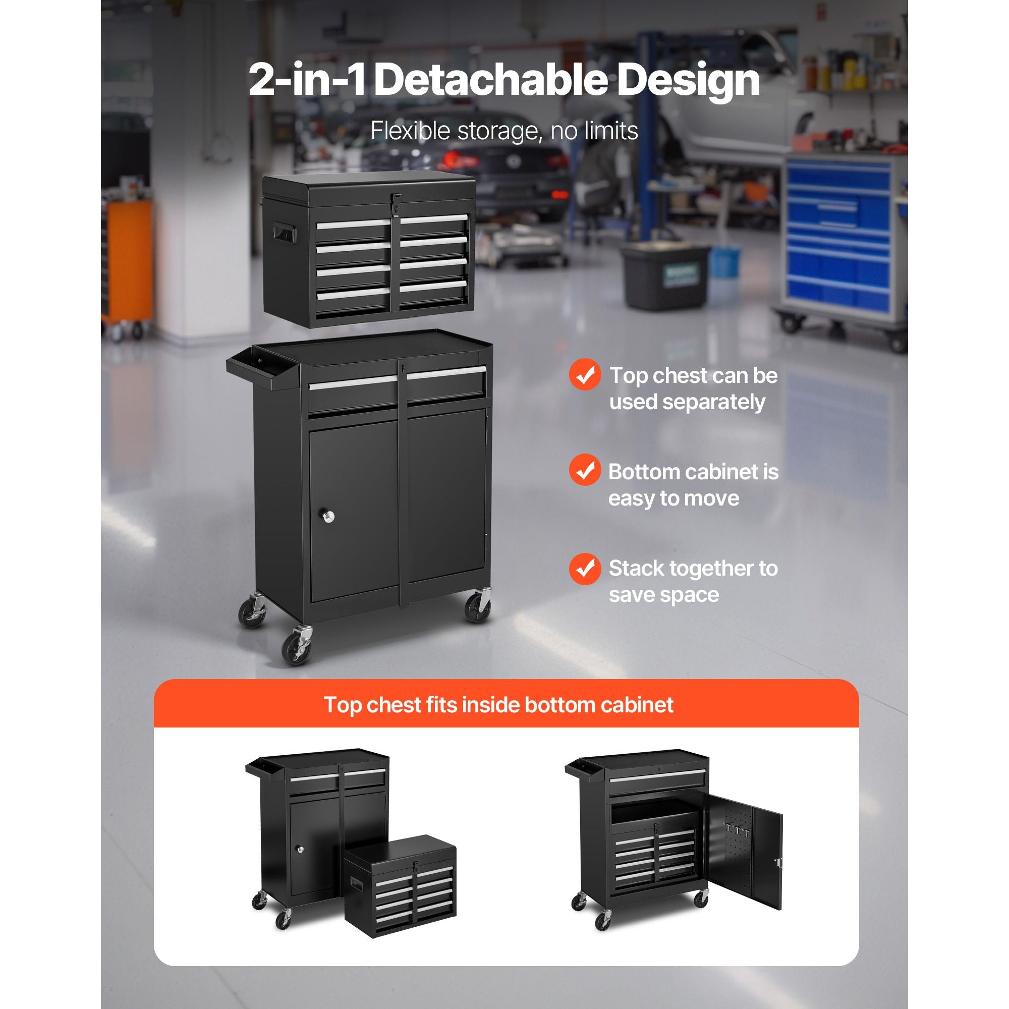 Rolling Tool Chest, 2-in-1 Detachable Design with Lock Bar and EVA Protection