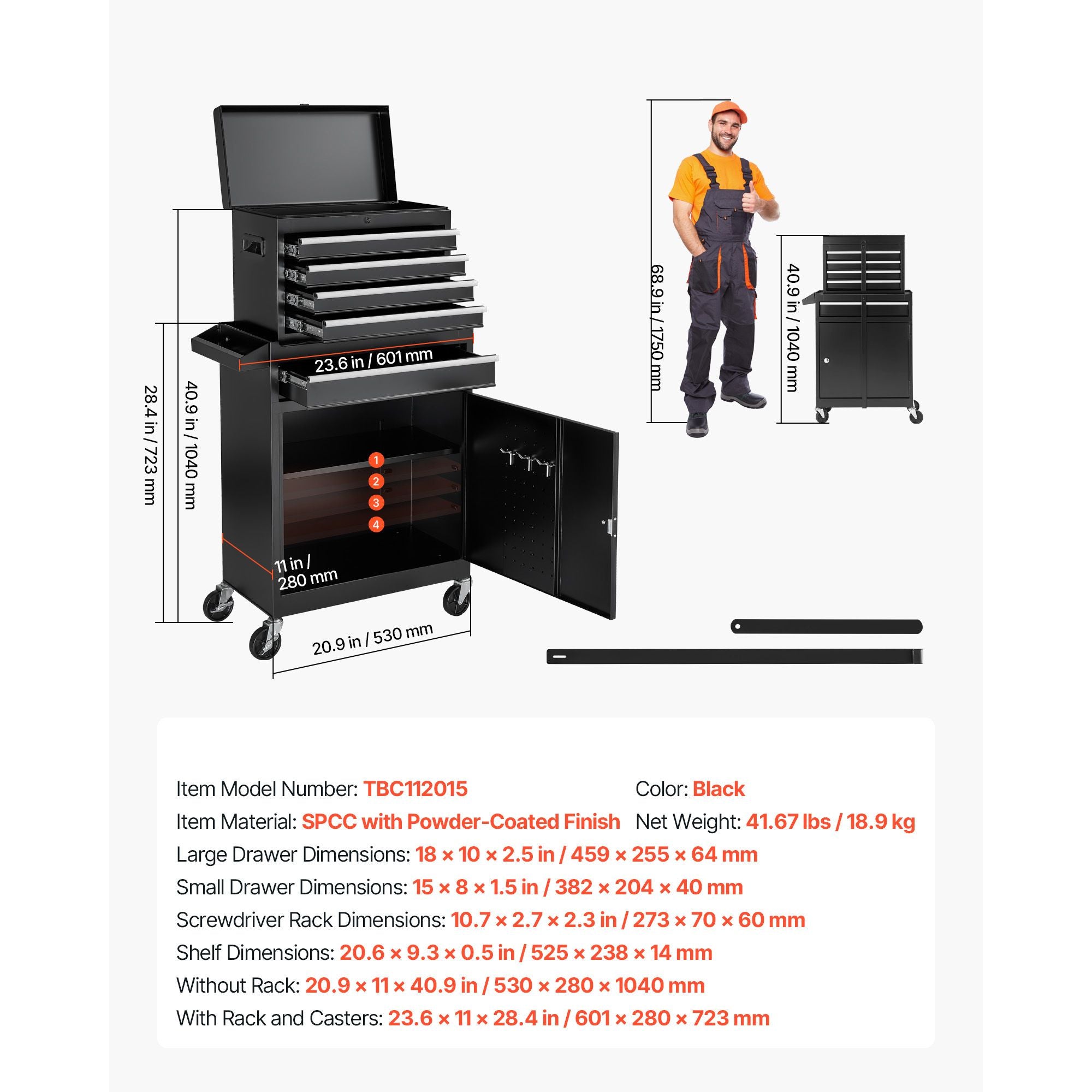 Rolling Tool Chest, 2-in-1 Detachable Design with Lock Bar and EVA Protection