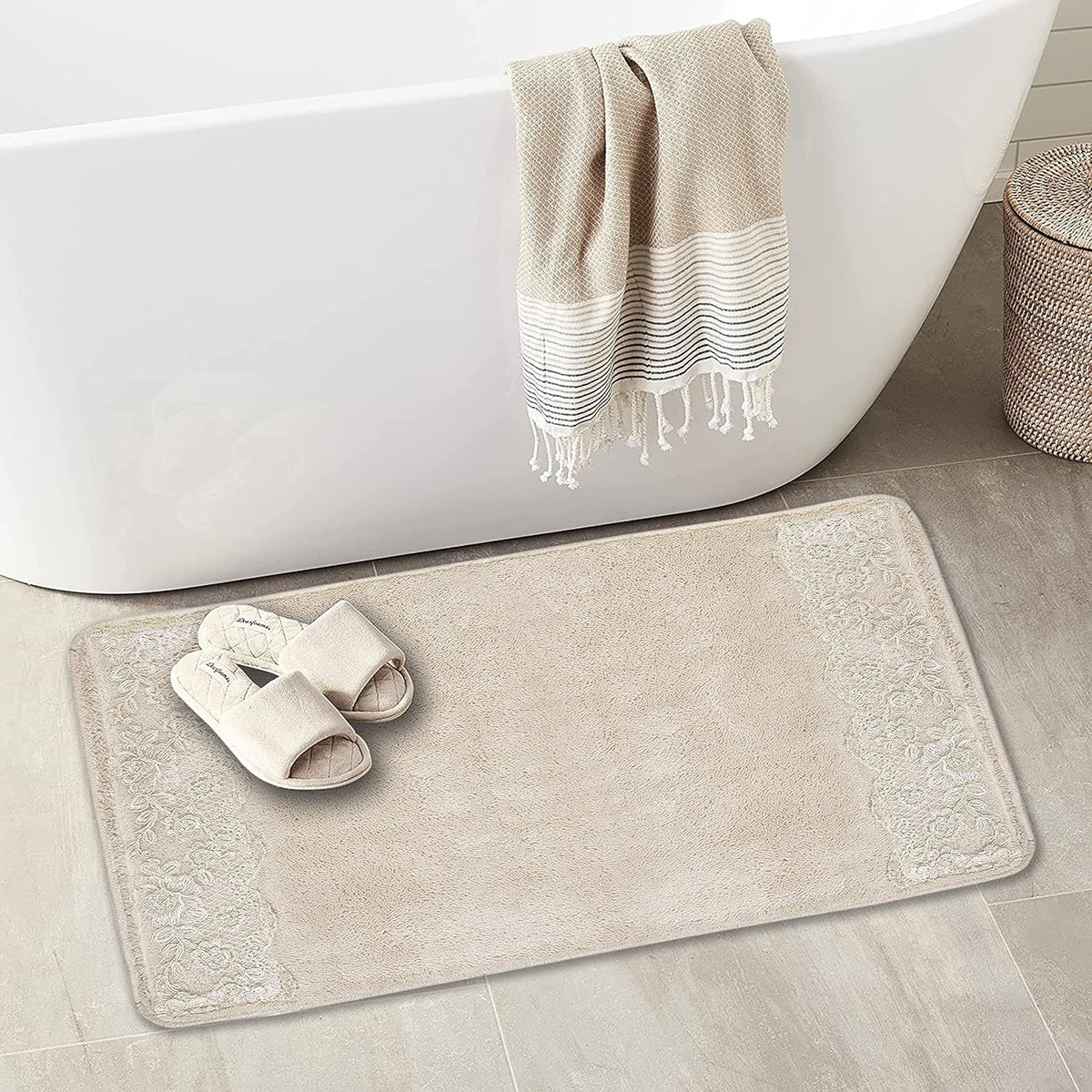 Beige Rose Vine Washable Bathroom Rug