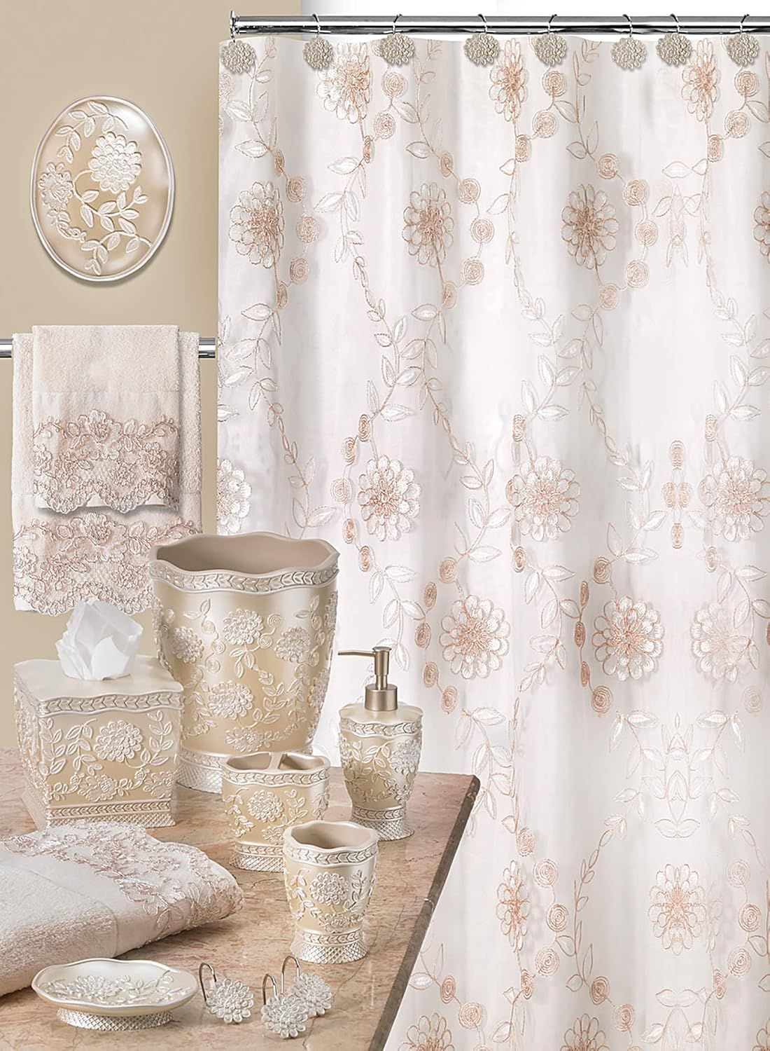 Rose Vine Three-Piece Beige Bathroom Towel Set