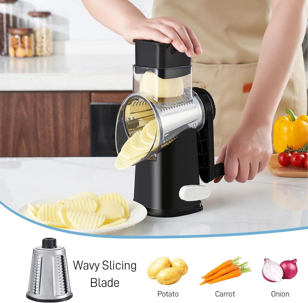 Rotary Cheese Grater with 4 Interchangeable Stainless Steel Blades and Suction Base
