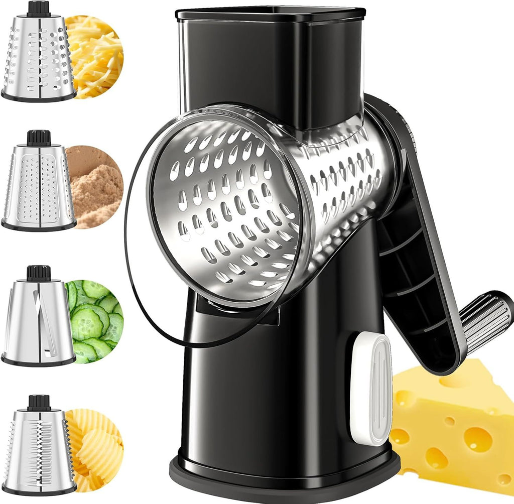 Rotary Cheese Grater with 4 Interchangeable Stainless Steel Blades and Suction Base
