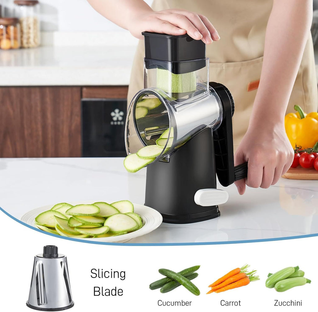 Rotary Cheese Grater with 4 Interchangeable Stainless Steel Blades and Suction Base