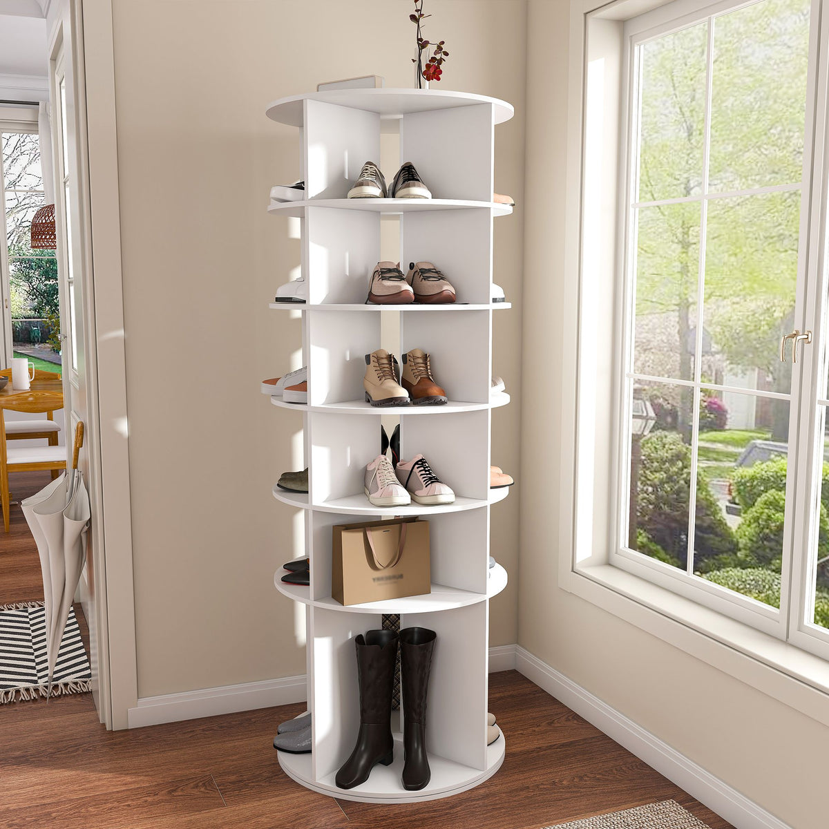 Six-Tier Rotating Shoe Tower for Compact Storage