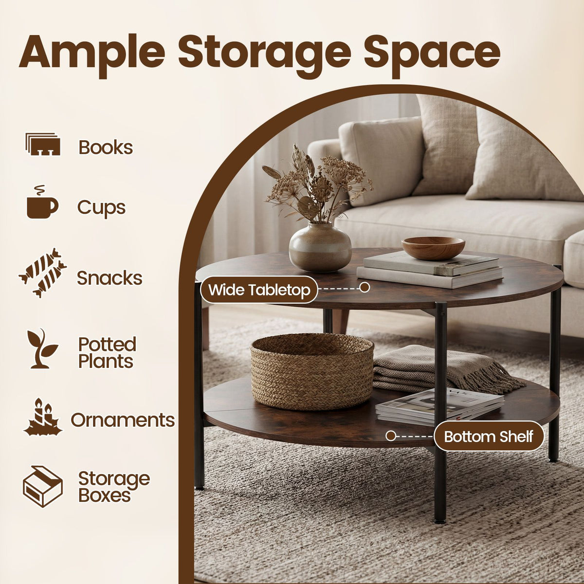 Round Coffee Table 2-Tier Industrial Accent Table with Open Storage Shelf