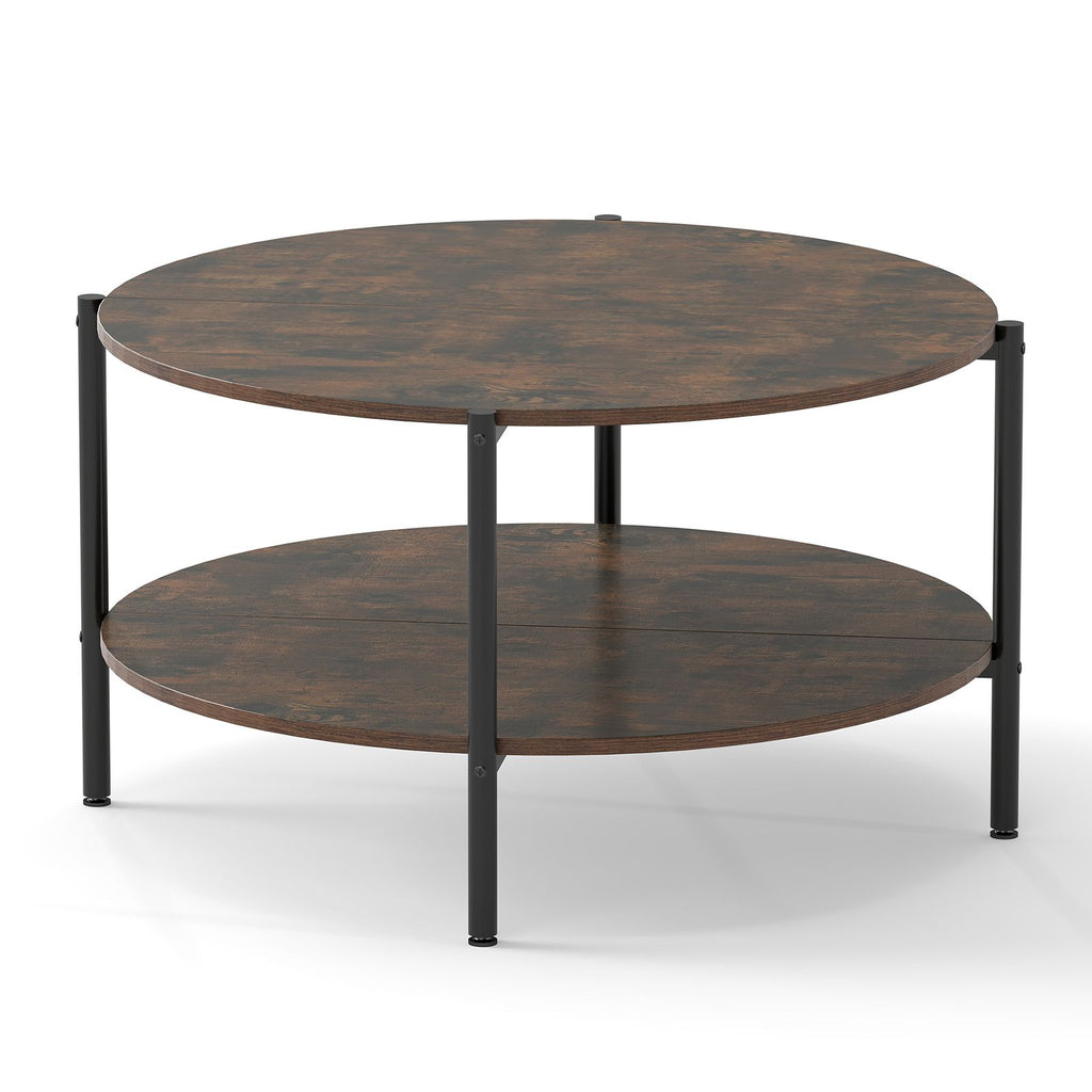 Round Coffee Table 2-Tier Industrial Accent Table with Open Storage Shelf