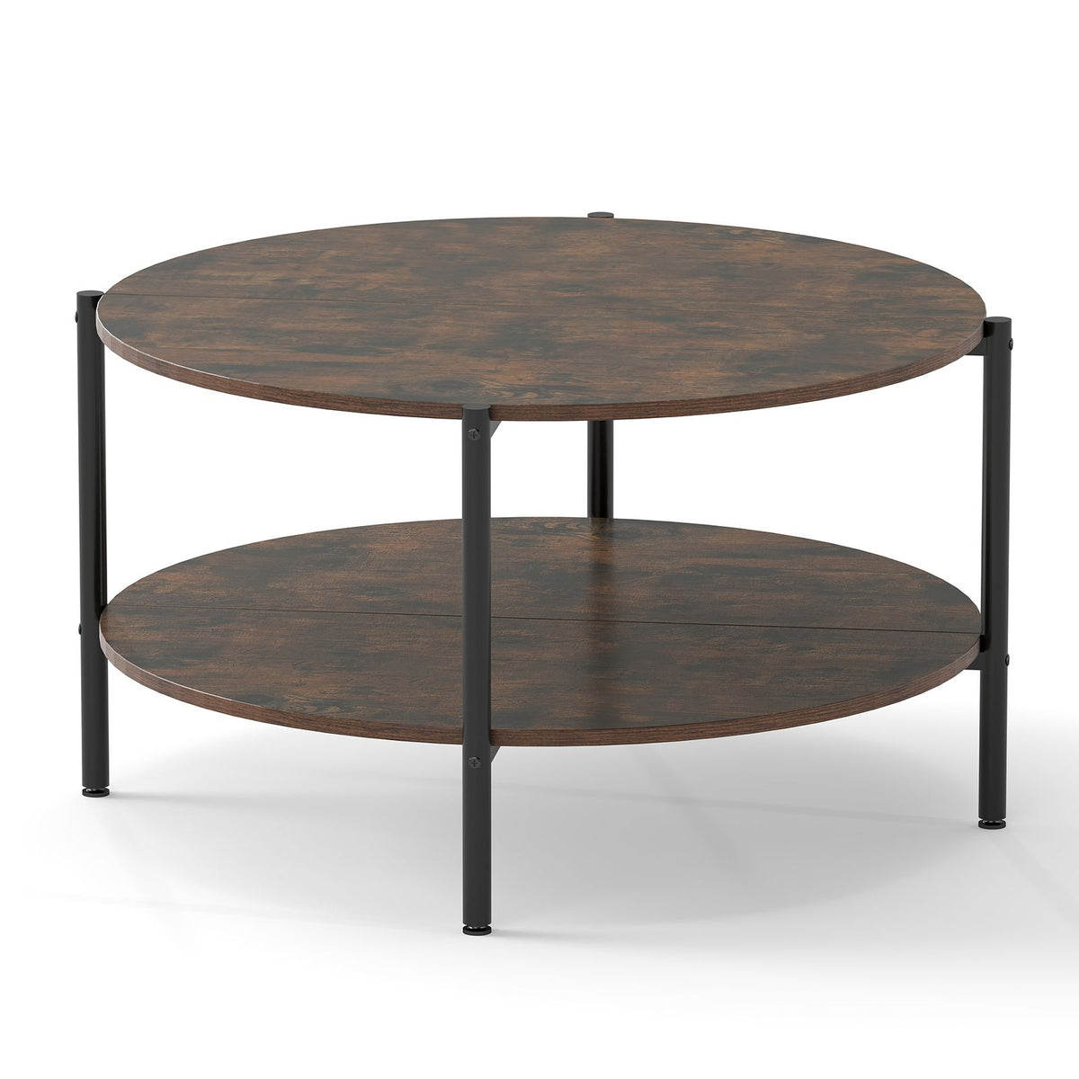 Round Coffee Table 2-Tier Industrial Accent Table with Open Storage Shelf