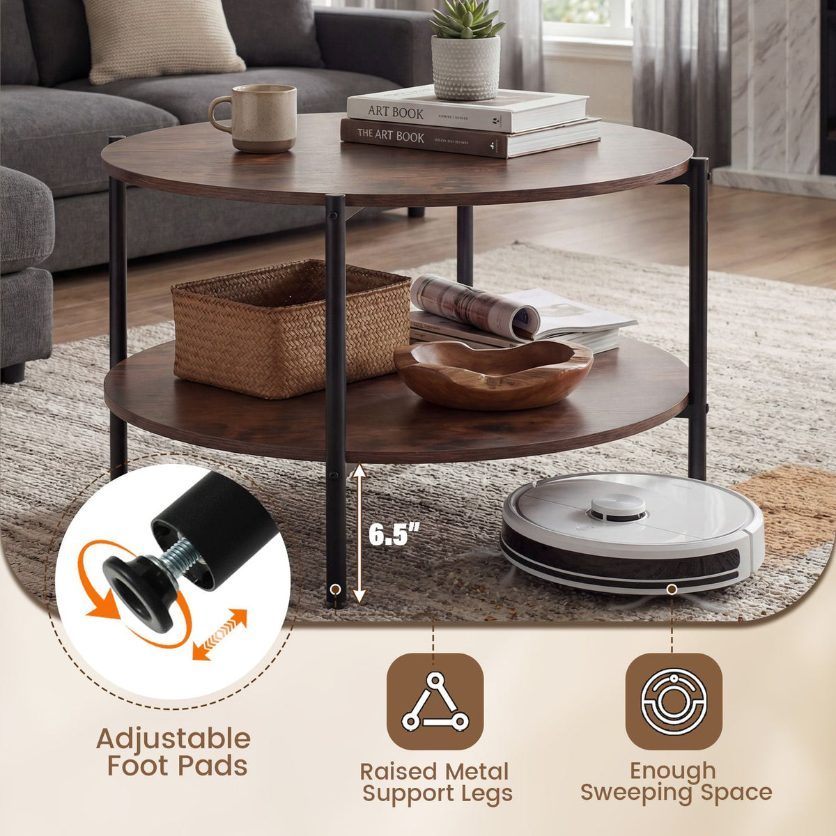 Round Coffee Table 2-Tier Industrial Accent Table with Open Storage Shelf