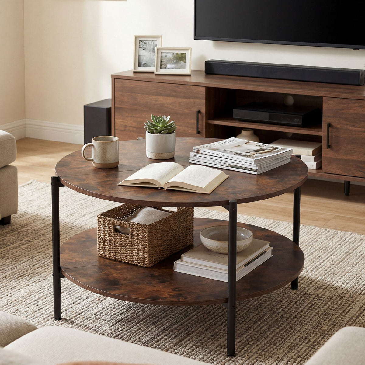 Round Coffee Table 2-Tier Industrial Accent Table with Open Storage Shelf