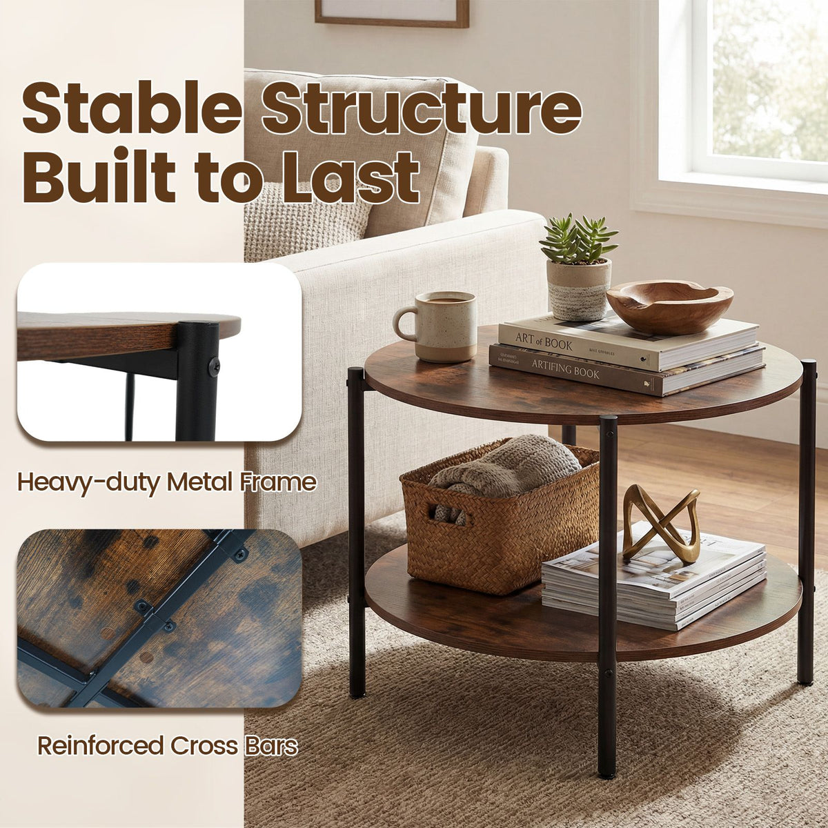 Round Coffee Table 2-Tier Industrial Accent Table with Open Storage Shelf