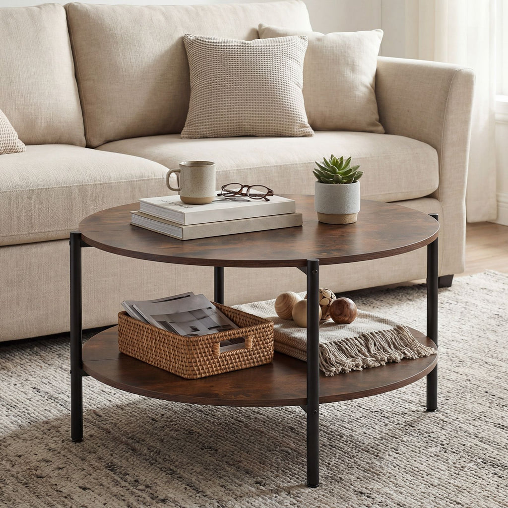 Round Coffee Table 2-Tier Industrial Accent Table with Open Storage Shelf