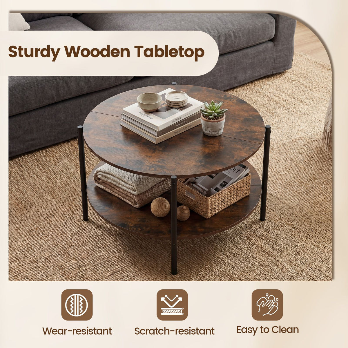 Round Coffee Table 2-Tier Industrial Accent Table with Open Storage Shelf