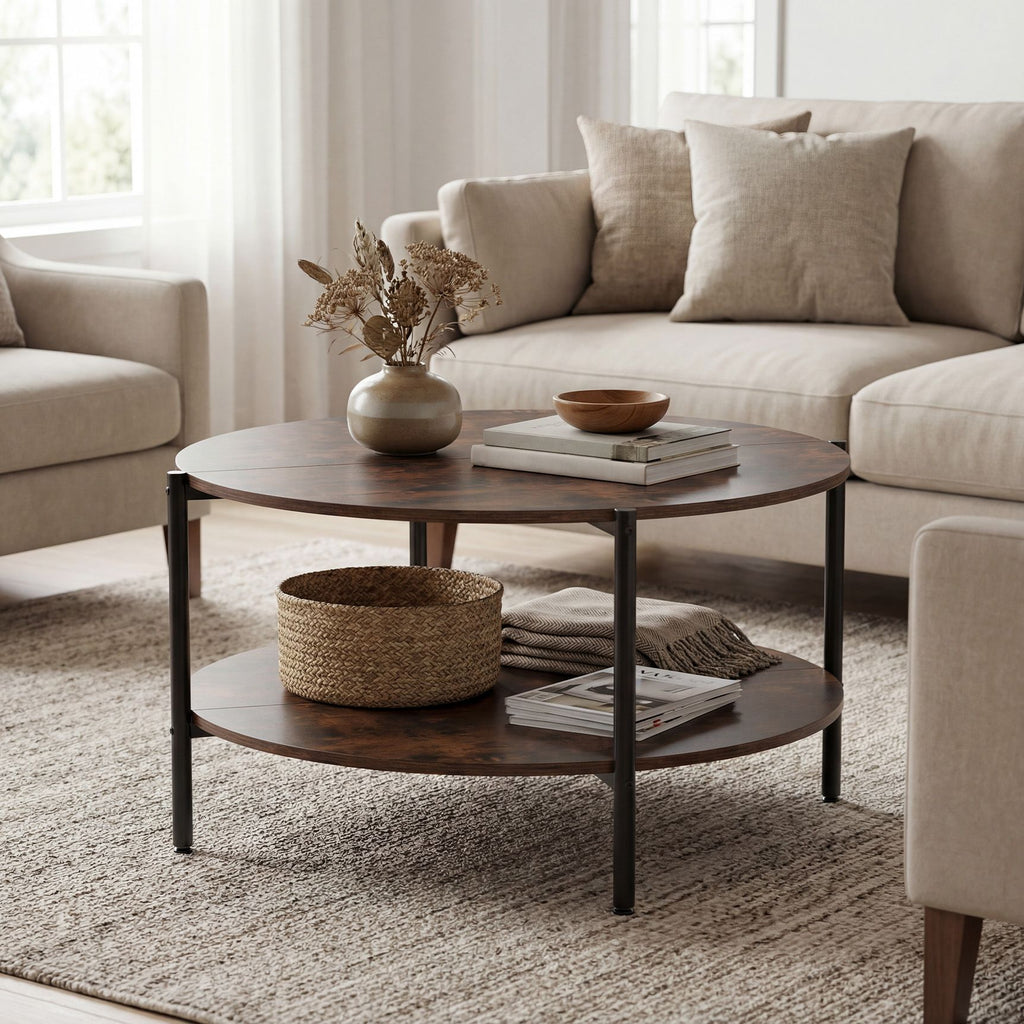 Round Coffee Table 2-Tier Industrial Accent Table with Open Storage Shelf