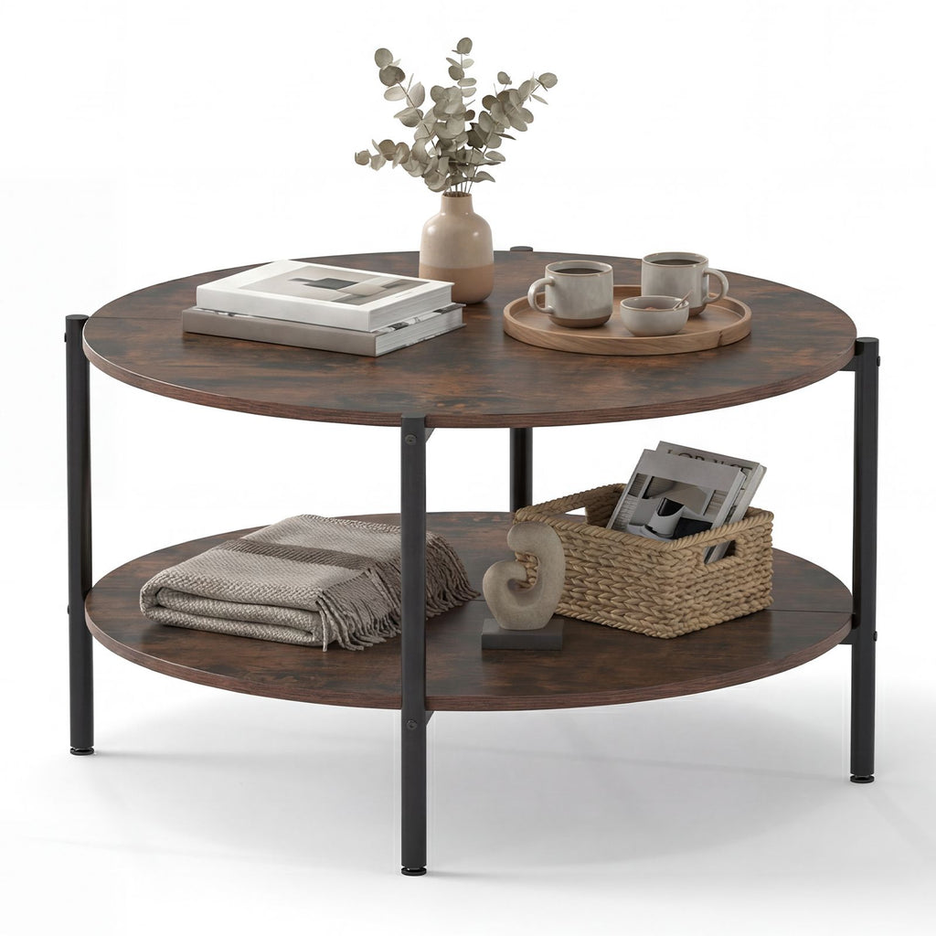 Round Coffee Table 2-Tier Industrial Accent Table with Open Storage Shelf