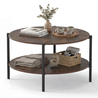 Round Coffee Table 2-Tier Industrial Accent Table with Open Storage Shelf