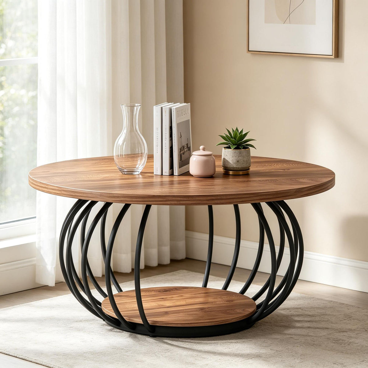 Round Two-Tier Coffee Table with Open Shelf