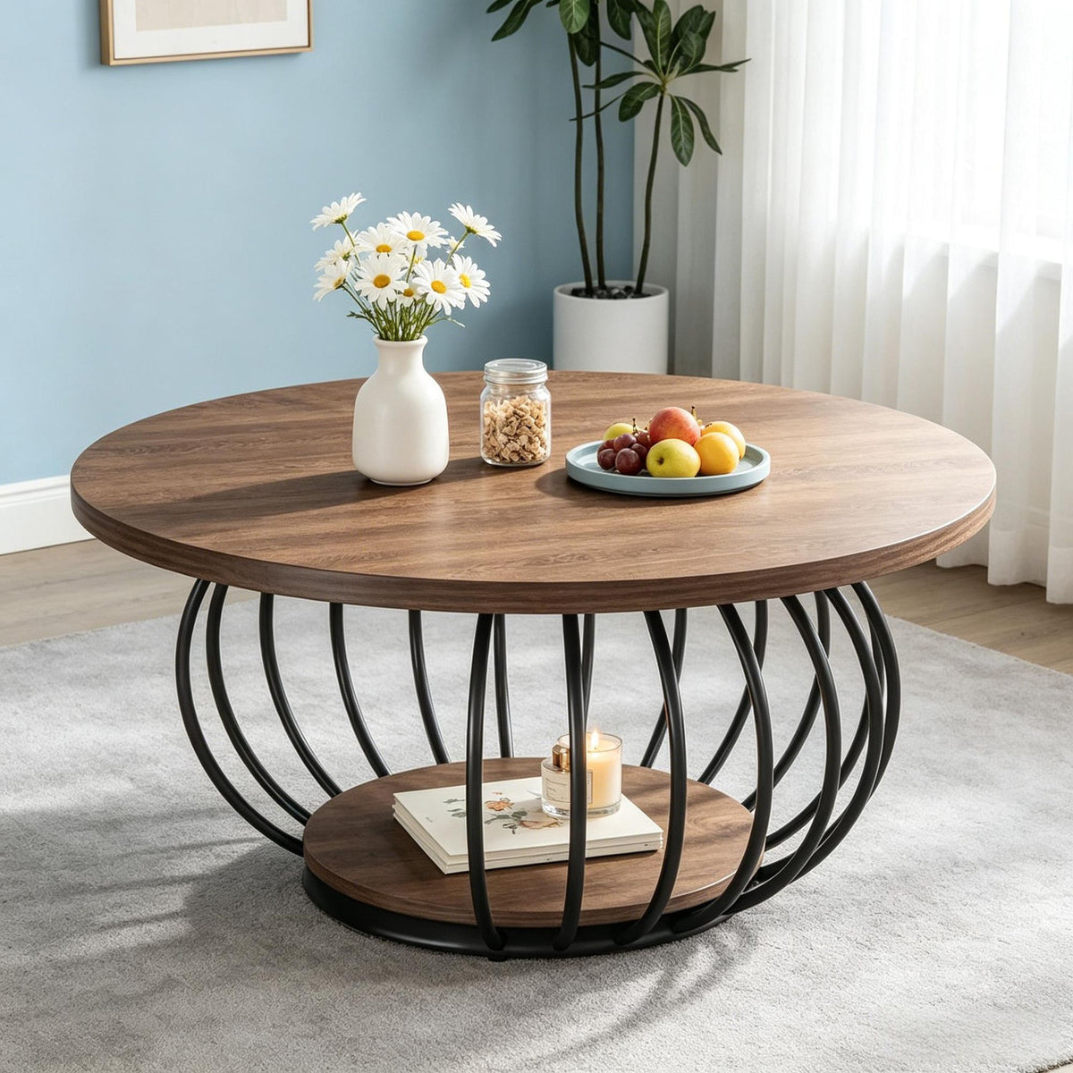 Round Two-Tier Coffee Table with Open Shelf