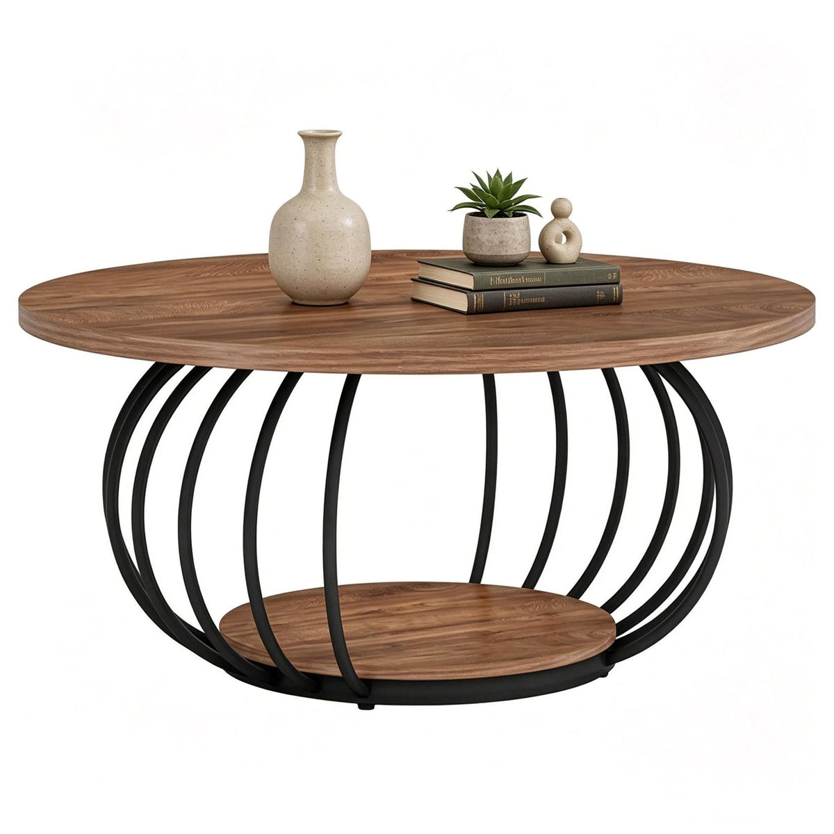 Round Two-Tier Coffee Table with Open Shelf