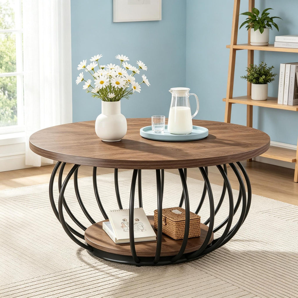 Round Two-Tier Coffee Table with Open Shelf