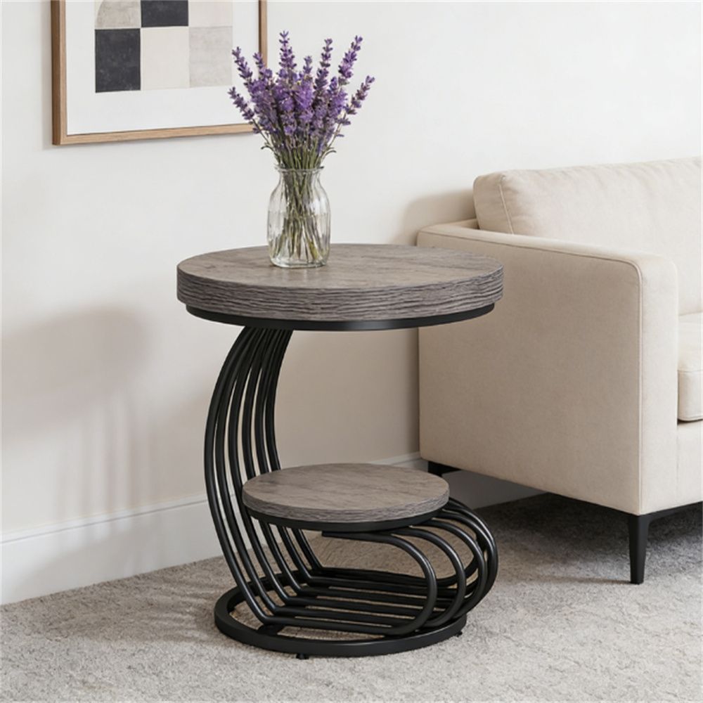 White Faux-Marble Look Two-Tier Round Side Table