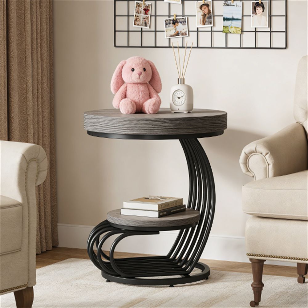 White Faux-Marble Look Two-Tier Round Side Table
