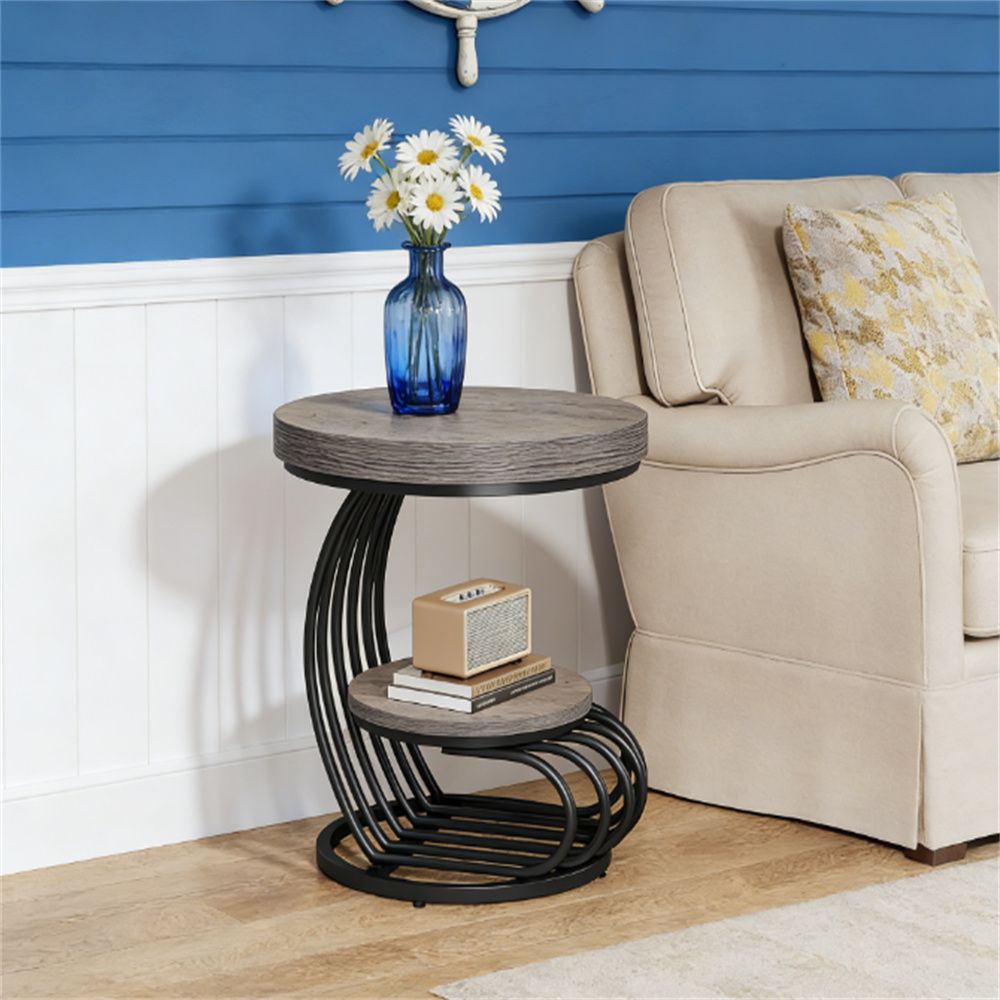 White Faux-Marble Look Two-Tier Round Side Table