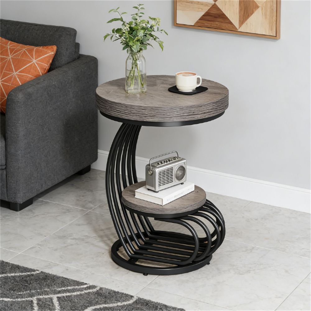 White Faux-Marble Look Two-Tier Round Side Table