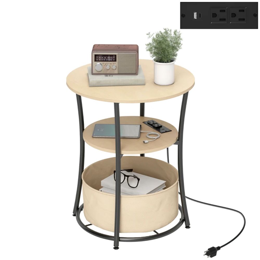 Round edge table, sofa table with storage rack, coffee table, natural wood