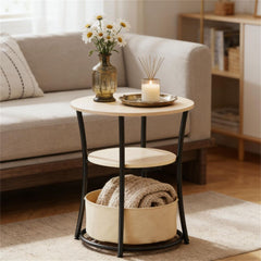 Round edge table, sofa table with storage rack, coffee table, natural wood