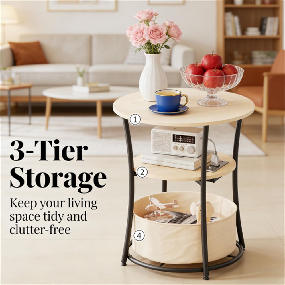 Round edge table, sofa table with storage rack, coffee table, natural wood