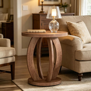 Rustic Round Accent Table with Open Shelf