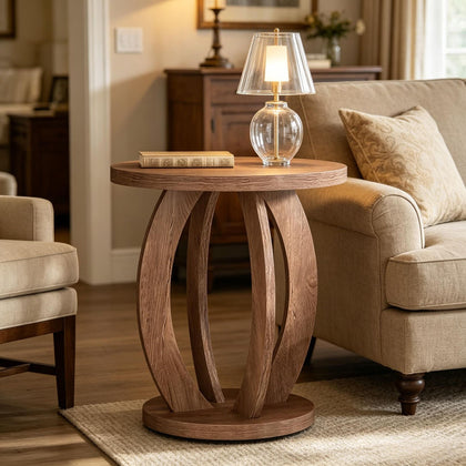 Rustic Round Accent Table with Open Shelf