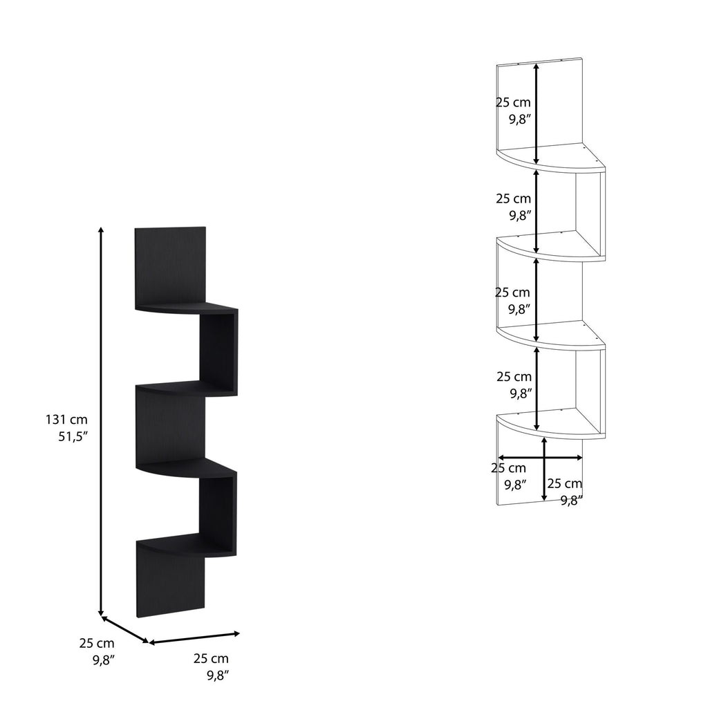 Roy Corner Floating Shelf, Modern 4-Tier Display, Black