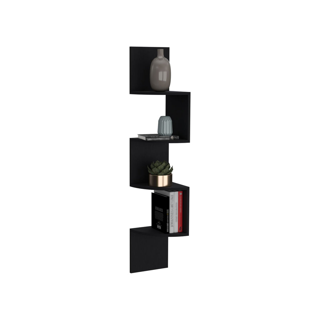 Roy Corner Floating Shelf, Modern 4-Tier Display, Black