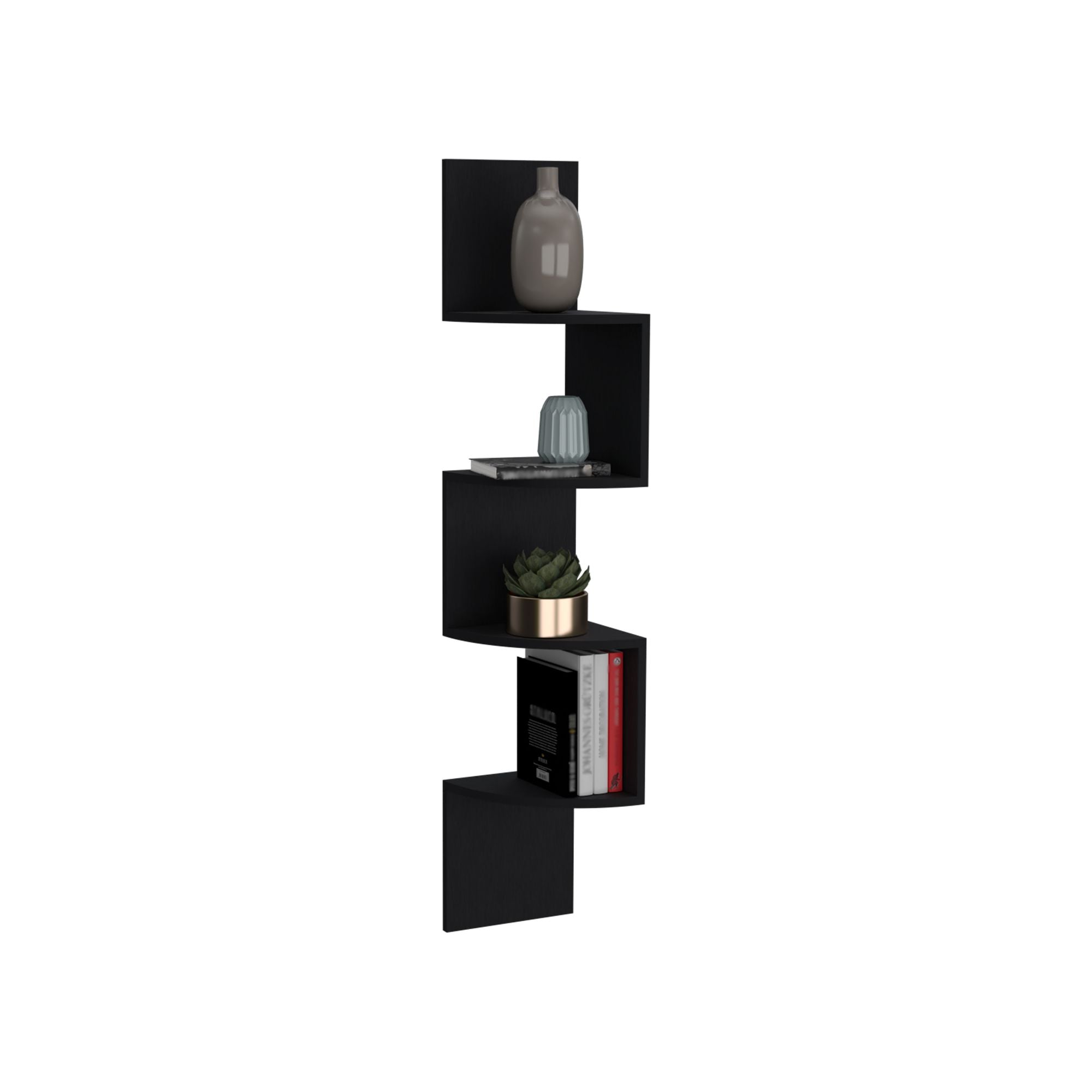 Roy Corner Floating Shelf, Modern 4-Tier Display, Black