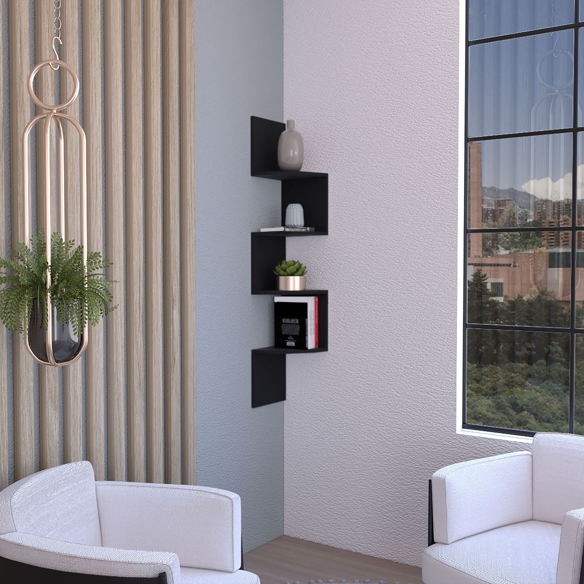 Roy Corner Floating Shelf, Modern 4-Tier Display, Black