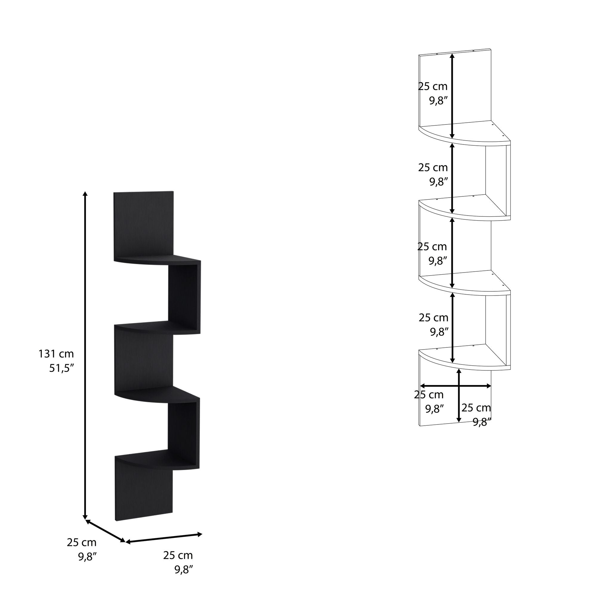Roy Corner Floating Shelf, Modern 4-Tier Display, Black
