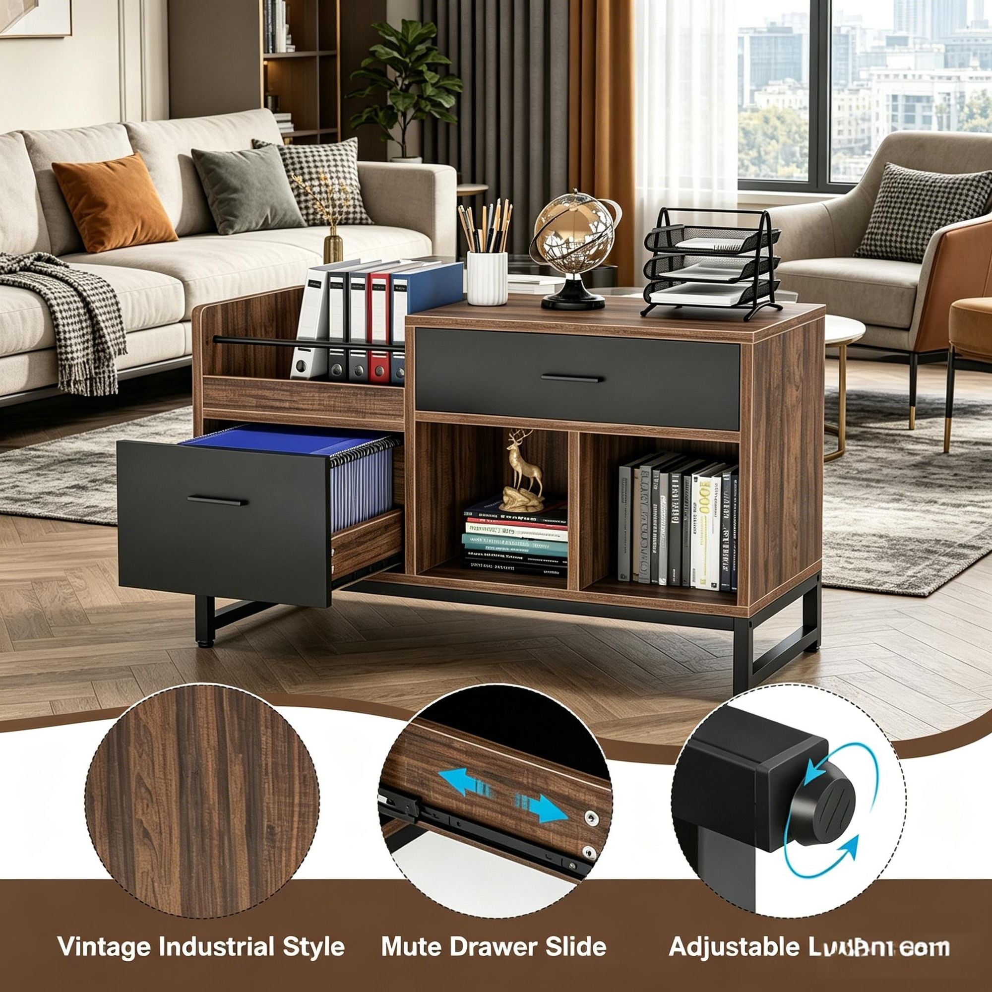 Rustic Lateral Filing Cabinet with Open Storage