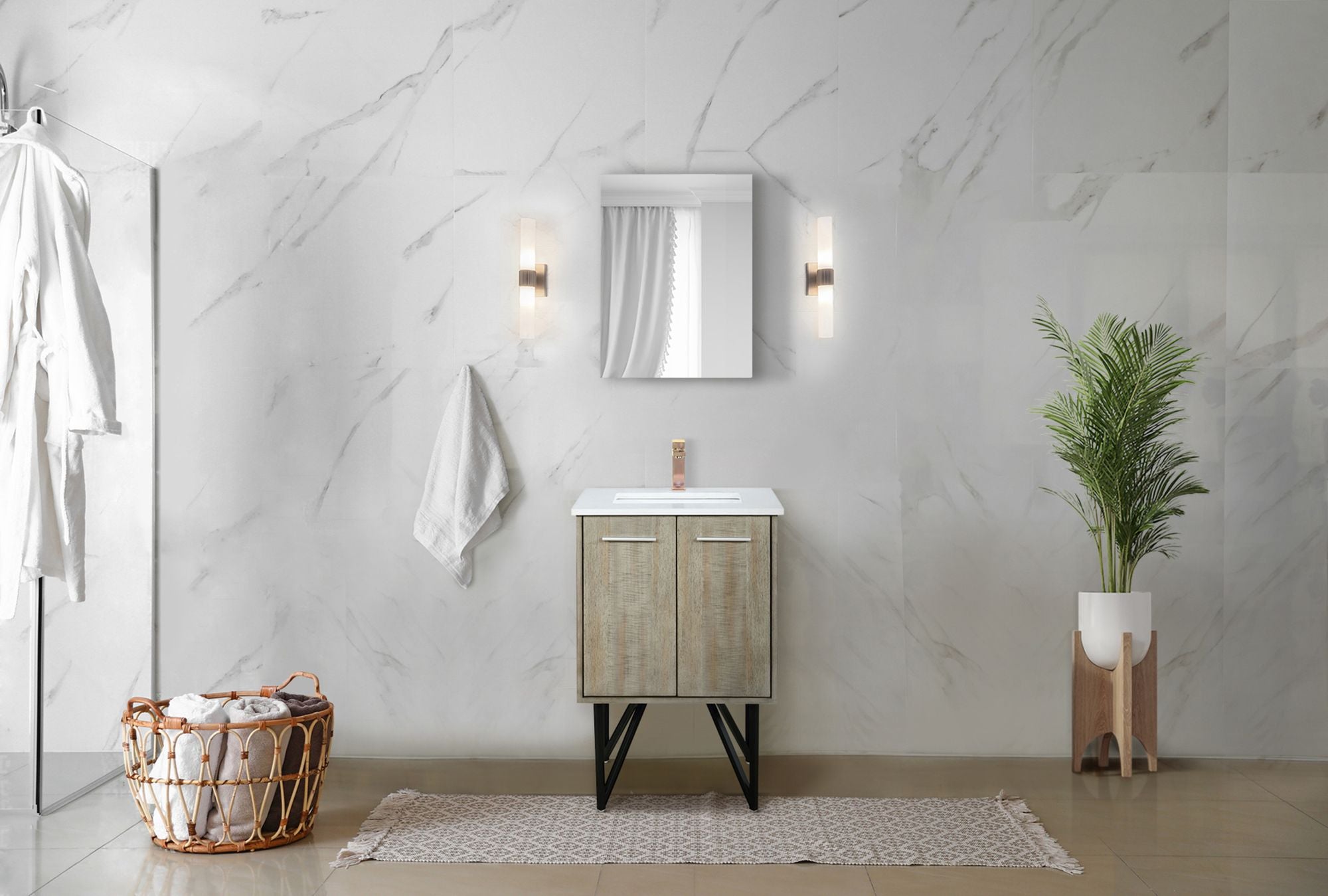 Rustic Acacia Bath Vanity with Cultured Marble Top and Rose Gold Faucet Set