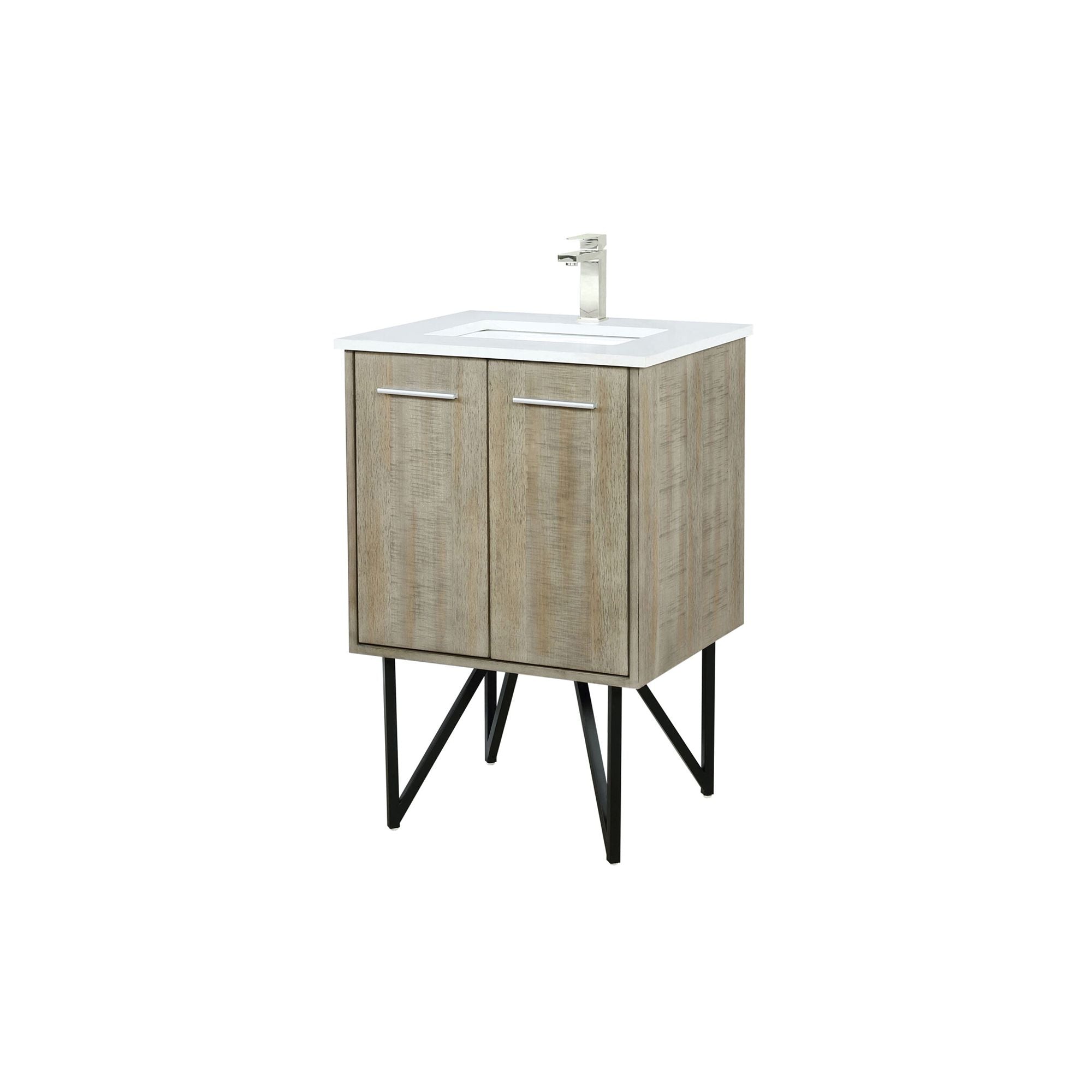 Rustic Acacia Bath Vanity. W x. D, White Quartz Top and Brushed Nickel Faucet Set