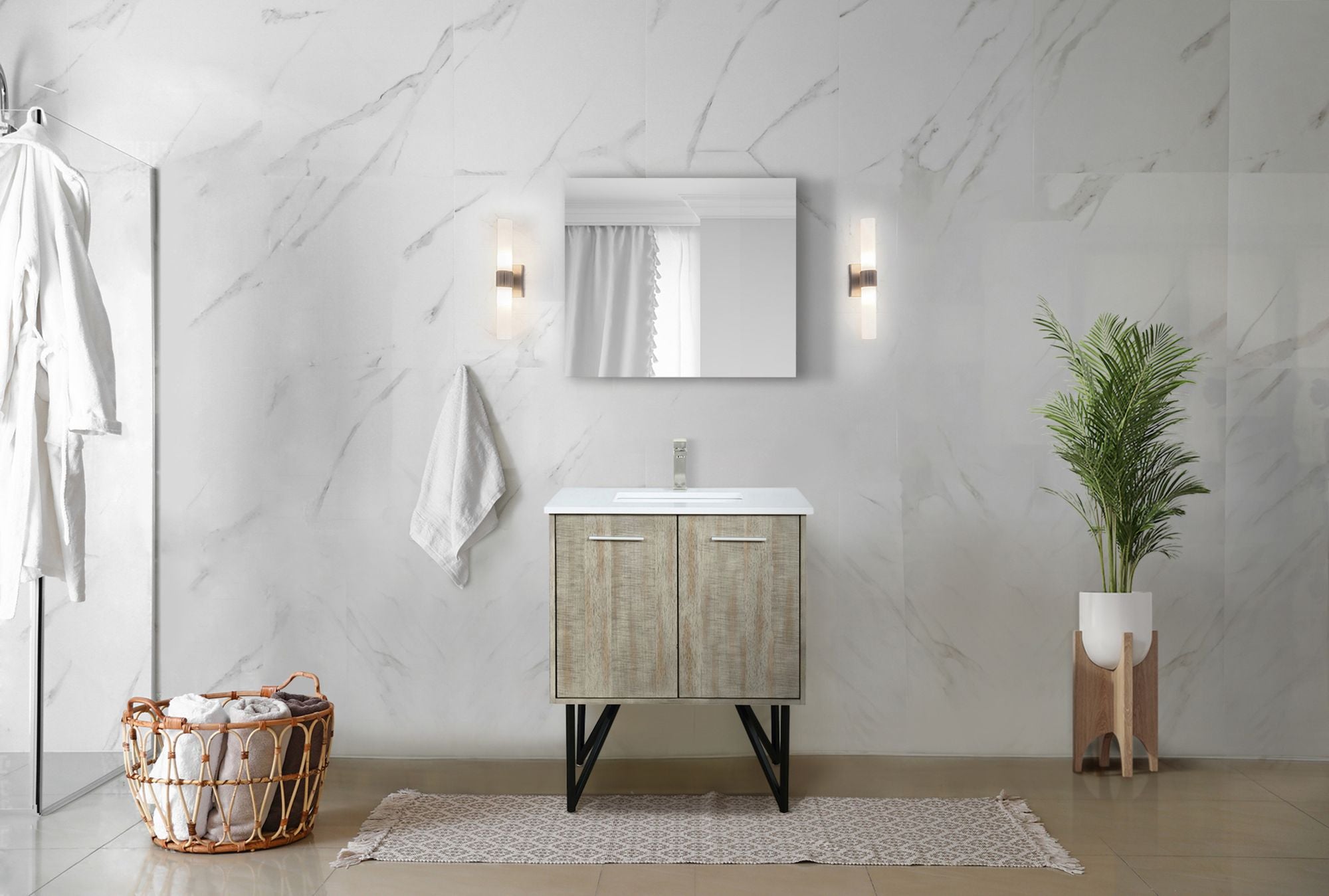 Rustic Acacia Bath Vanity with Marble Top and Soft Close Storage