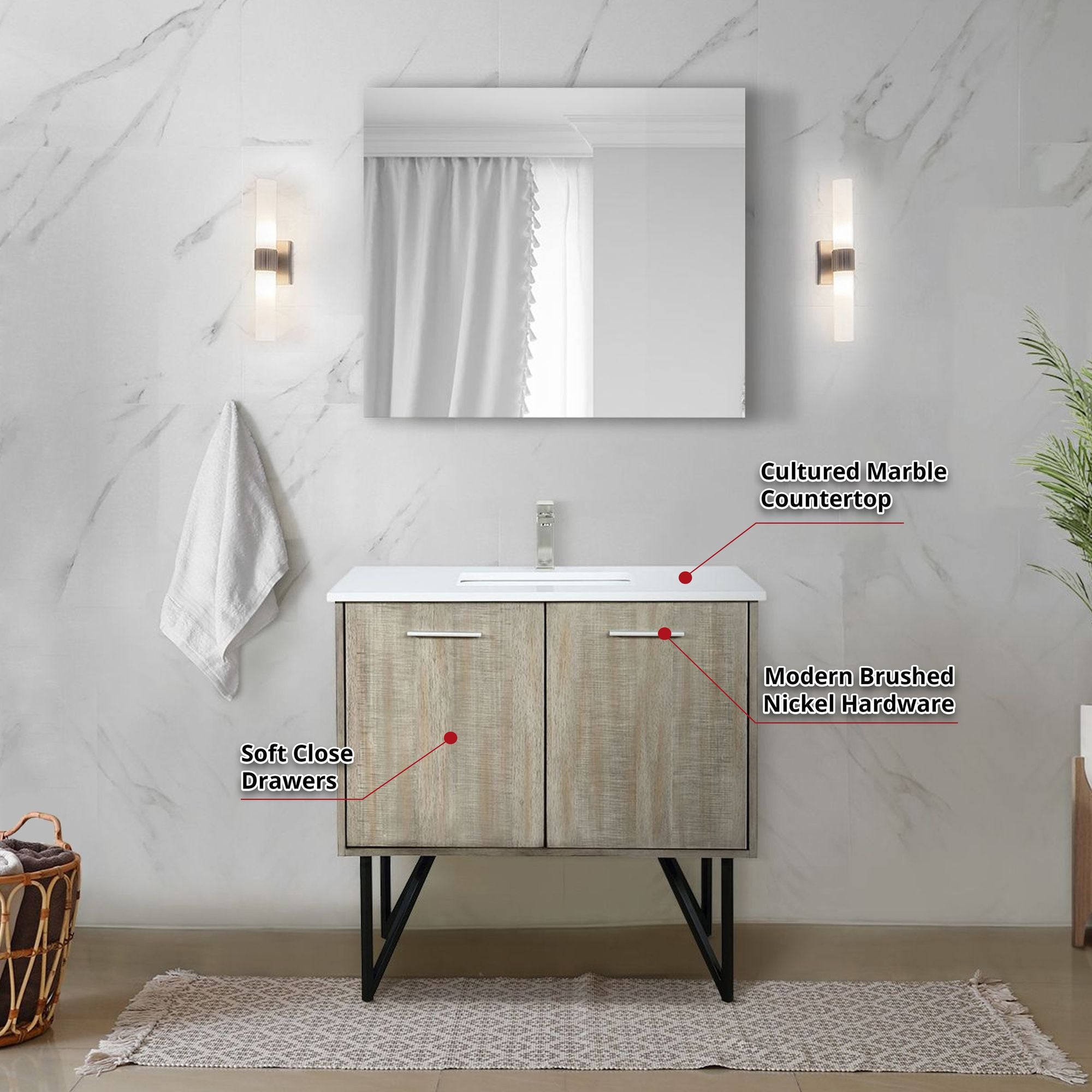 Bath Vanity with Marble Top, Soft-Close Cabinet, and Brushed Nickel Faucet
