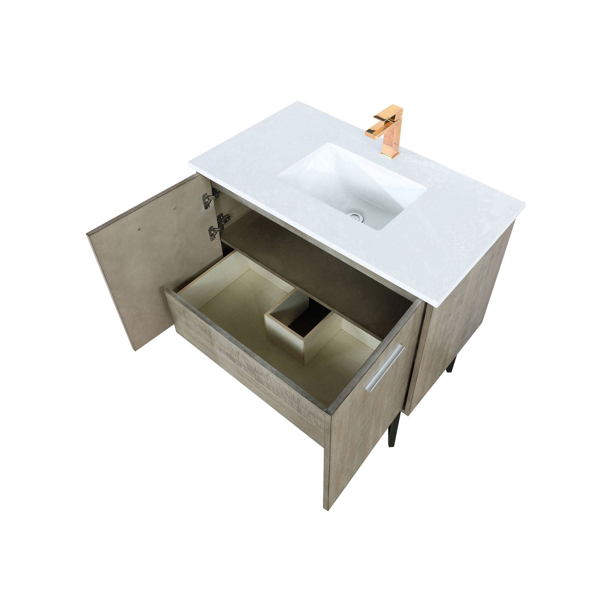 Rustic Acacia Bath Vanity 36- with Marble Top and Rose Gold Faucet