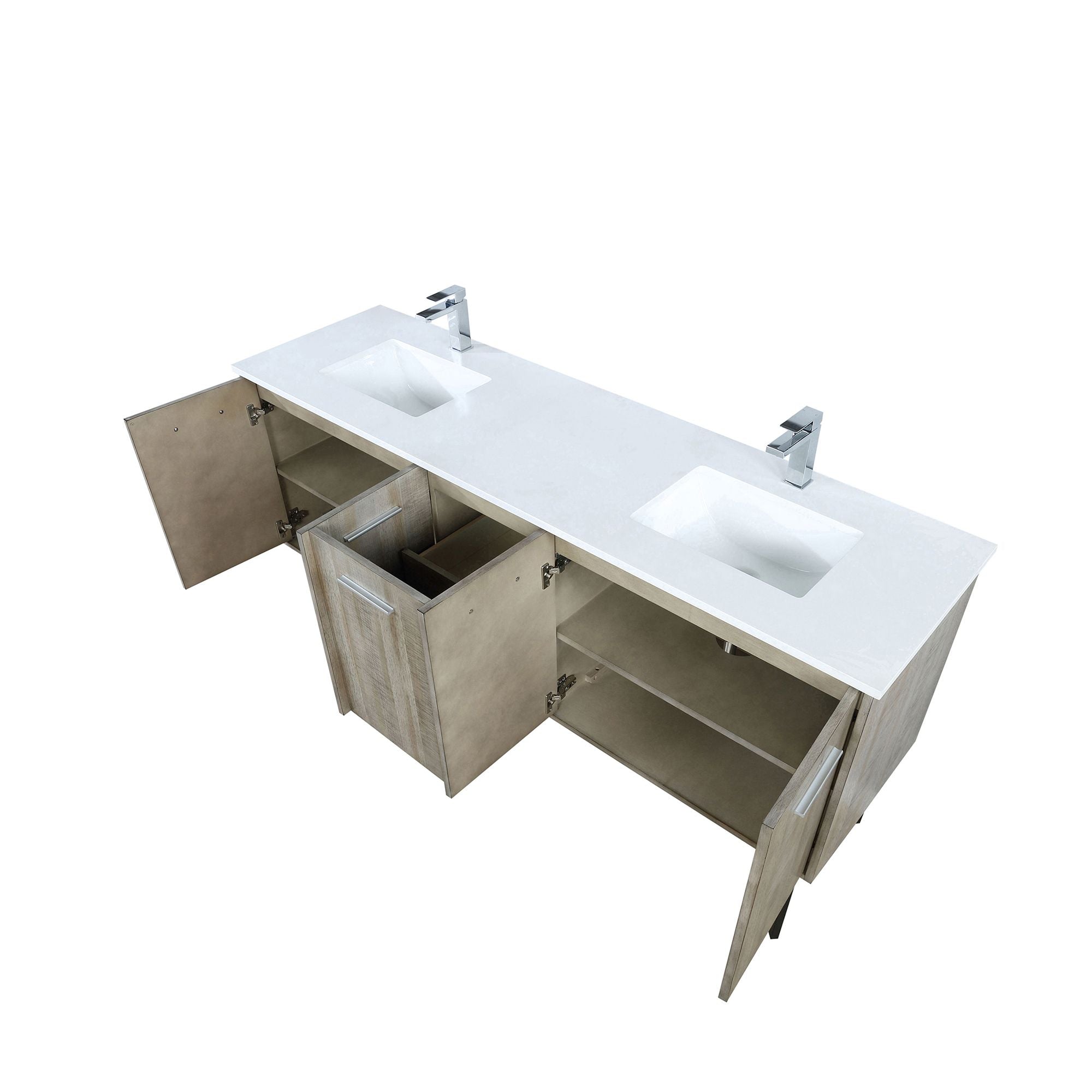 Rustic Acacia Double Bath Vanity with White Quartz Top and Chrome Faucet