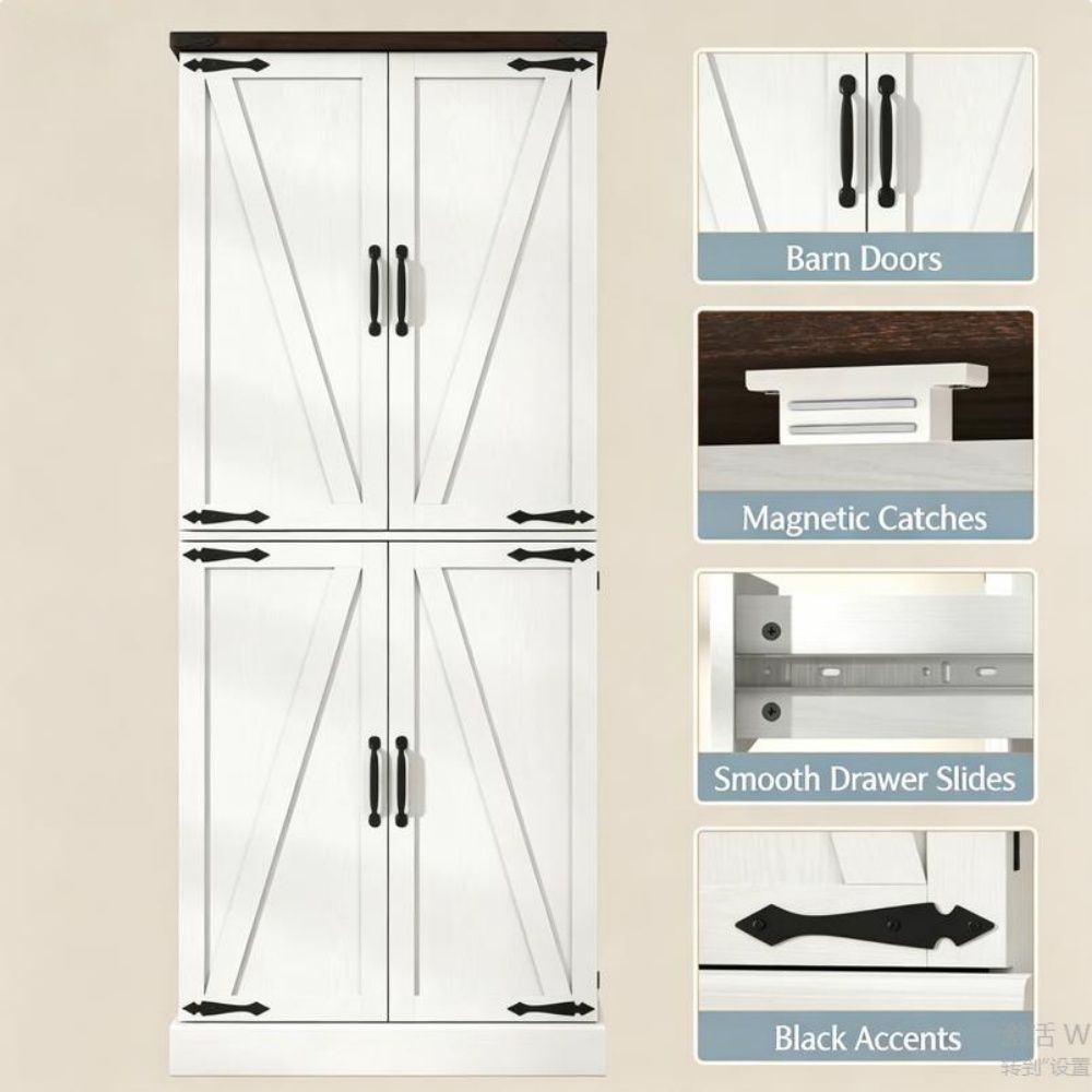 Rustic Barn Storage Cabinet with Adjustable Shelves and Door Racks for Kitchen or Office