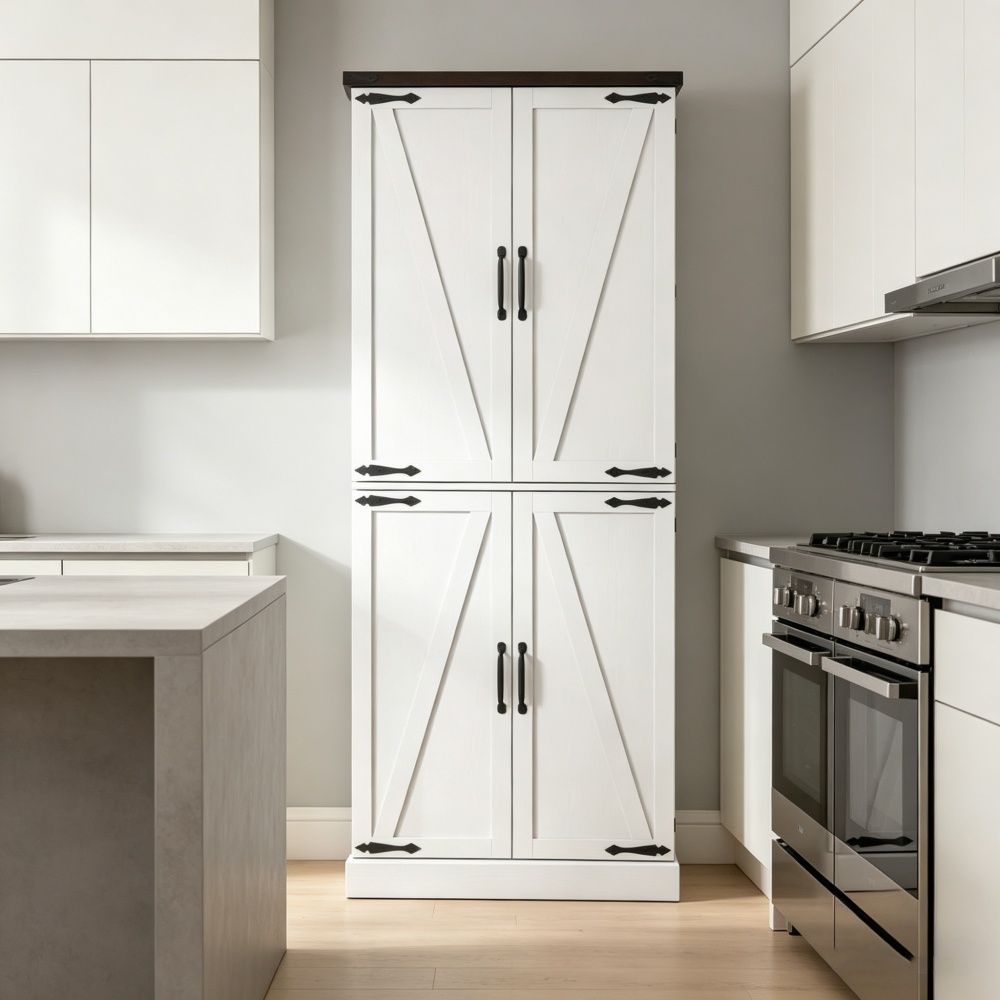 Rustic Barn Storage Cabinet with Adjustable Shelves and Door Racks for Kitchen or Office