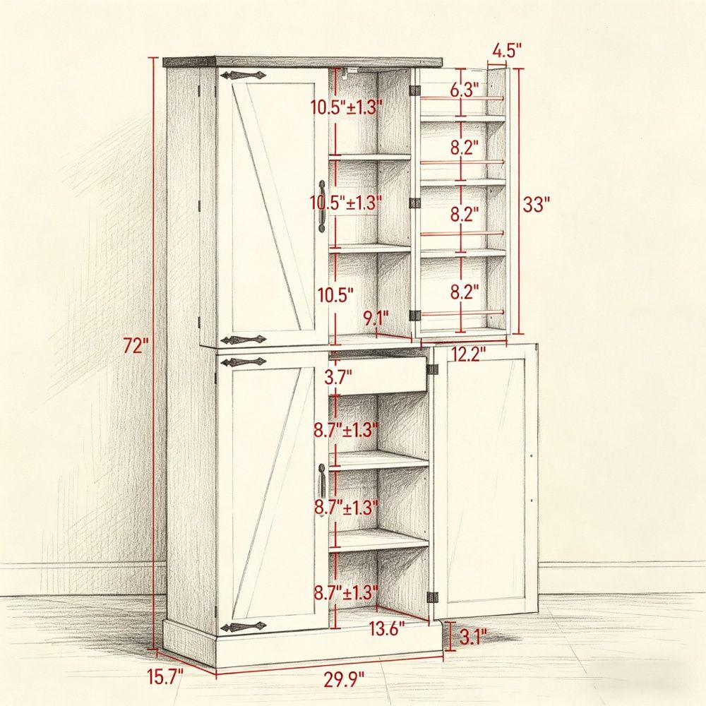 Rustic Barn Storage Cabinet with Adjustable Shelves and Door Racks for Kitchen or Office
