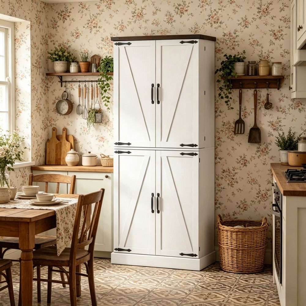 Rustic Barn Storage Cabinet with Adjustable Shelves and Door Racks for Kitchen or Office